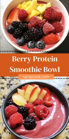 berry protein smoothie bowl with fresh fruit in it