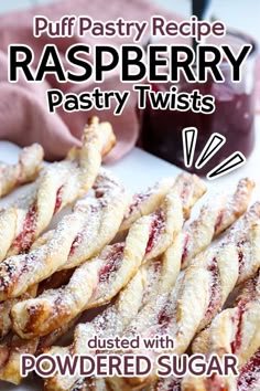 closeup view of raspberry twists made with puff pastry with text overlay.