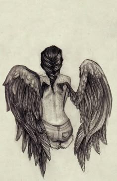 a pencil drawing of an angel sitting on top of a woman's back with wings