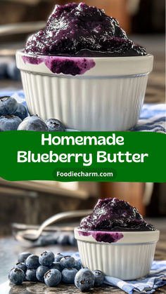 homemade blueberry butter in a white bowl with fresh blueberries on the side and text overlay that reads homemade blueberry butter