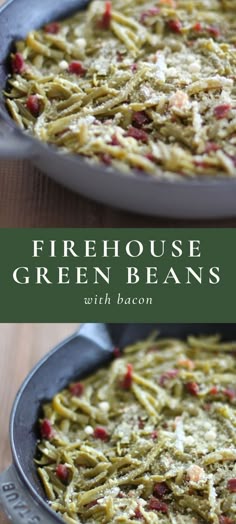 two pans filled with green beans and bacon