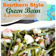 southern style green bean and potato recipe in a white bowl with spoons on the side