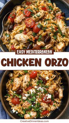 chicken orzo with tomatoes and feta cheese in a skillet on the side