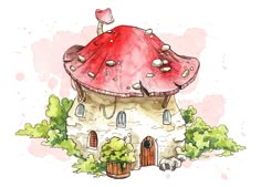 a drawing of a mushroom house in the woods