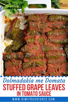 stuffed grape leaves in tomato sauce with text overlay that reads, dolmadakia me donata stuffed grape leaves in tomato sauce