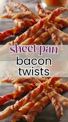 bacon twists on a baking sheet with the words sweet pan bacon twists above it and below
