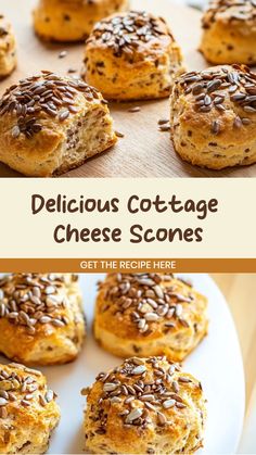delicious cottage cheese scones on a plate with text overlay that reads delicious cottage cheese scones get the recipe here