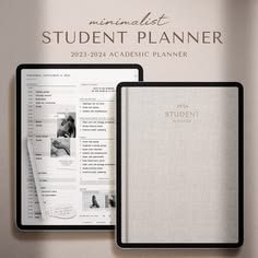the front and back pages of a student planner are shown in black, white and gray