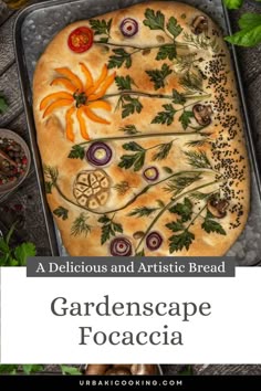 a garden focaccia with carrots and herbs on it