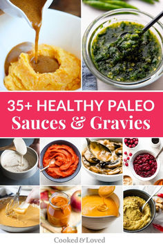 25 healthy paleo sauces and gravies collage with text overlay