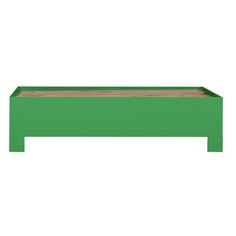 a green bed frame with wooden slats on the top and bottom, in front of a white background