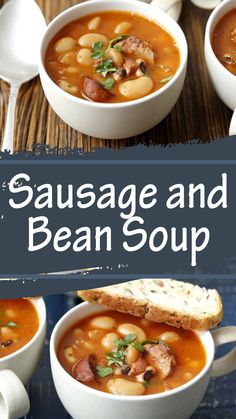 sausage and bean soup in white bowls with spoons on the side, next to bread