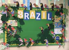 Brazil Decoration, Brazil Theme Party, Brazil Project, South America Classroom Decorations, Brazil Poster Board Project, Classroom Displays Ks2, Brazil Decorations, Brazil Classroom Display, Brazil School Project