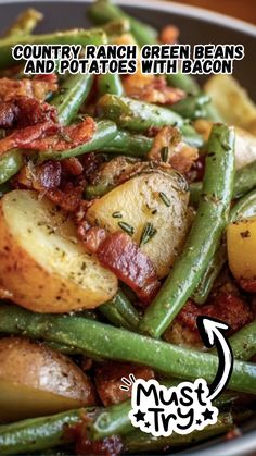 Fresh green beans and hearty potatoes cooked with crispy bacon, a delicious side dish for dinner. Southern comfort meal loaded with flavor.