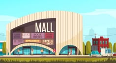 an illustration of a mall building with people walking around the front and side entrance to it