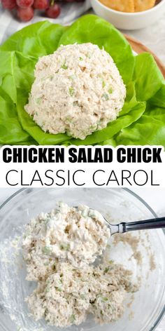 chicken salad in a glass bowl with lettuce leaves and grapes on the side