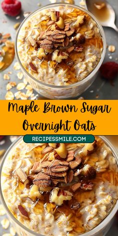 two bowls filled with oatmeal, nuts and maple brown sugar overnight oats