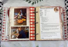 an open recipe book with pictures of women in the kitchen
