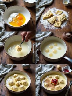 four pictures showing how to make dumplings with eggs and cream in bowls on a table
