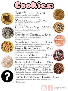 the menu for cookies is shown in pink and black, with different types of cookies on it