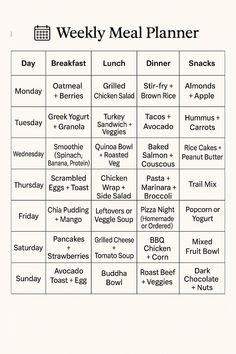 a printable meal planner is shown with the words, week meals and lunches