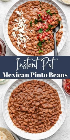 two plates filled with mexican pinto beans on top of a table