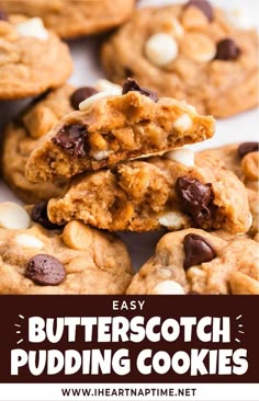 easy butterscotch pudding cookies with chocolate chips and marshmallows on top