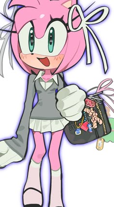 an image of a cartoon character with pink hair and white dress holding a black purse