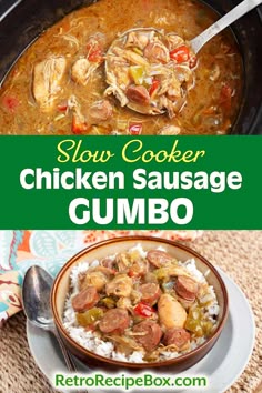 slow cooker chicken sausage gumbo in a bowl with rice