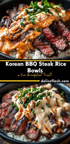 korean bbq steak rice bowl with sauce and green onions on the side in a black bowl