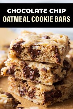 chocolate chip oatmeal cookie bars stacked on top of each other with text overlay