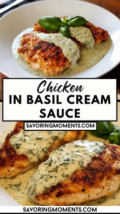 chicken in basil cream sauce on a white plate