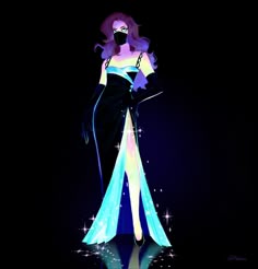 a woman dressed in black and blue is standing with her hands on her hips as if she were wearing an evening gown