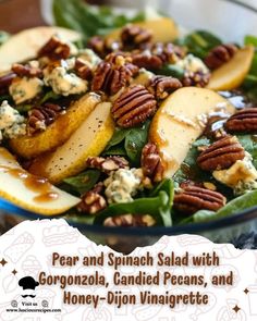 Luscious Recipes | Pear and Spinach Salad with Gorgonzola, Candied Pecans, and Honey-Dijon Vinaigrette 🍐🥗🧀 | Facebook Pear Gorgonzola Salad With Caramelized Pecans, Gorgonzola Pear Chicken Salad, Spinach Gorgonzola Salad, Pear Salad With Gorgonzola Cheese, Pecan Gorgonzola Salad, Pear And Gorgonzola Salad, Pear Gorgonzola Salad Ingredients, Pear Gorgonzola Tossed Salad, Gorgonzola Pear Salad