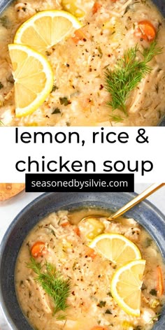 lemon, rice and chicken soup in a blue bowl