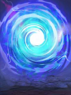 an abstract painting with blue and purple swirls in the center on a dark background