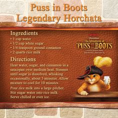 Puss in boots legendary horchata Shrek Movie Food, Disney Movie Food Recipes, Disney Food Recipes Movies Dinner, Disney Food From Movies Recipes For, Shrek Cookbook, Geek Recipes, Disney Food Recipes Movies, Drinks From Disney Movies, Movie-themed Dinner Recipes