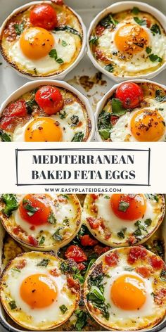 baked egg cups with tomatoes and spinach on top in a baking dish for breakfast