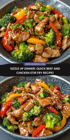 two pictures of the same meal in different bowls, one with chicken and broccoli