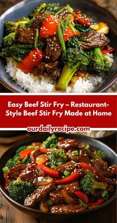 beef stir fry with broccoli and red peppers served over rice