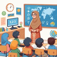 there is a woman standing in front of a class room full of kids and an adult