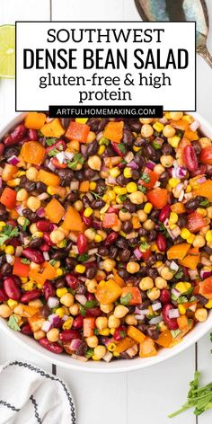 A cold bean salad called dense bean salad made with 3 kinds of beans with corn, peppers and vinaigrette dressing.
