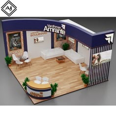 a trade show booth with furniture and decorations