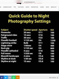 the quick guide to night photography settings is shown in this screenshote screen shot