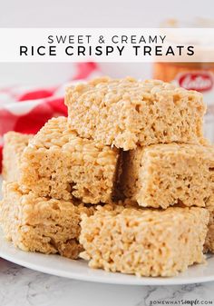 rice krispy treats stacked on top of each other with the title text overlay
