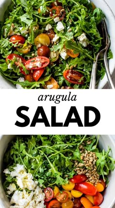 two bowls filled with salad and the words arugula salad