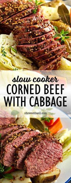 sliced corned beef with cabbage on a white plate next to an image of the same meat