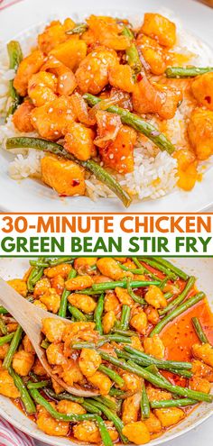 chicken and green bean stir fry on top of rice