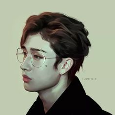 a digital painting of a man with glasses on his face and hair in the wind