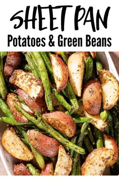 sheet pan potatoes and green beans with text overlay